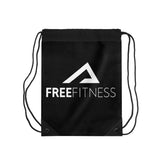 a black gym bag with a white logo